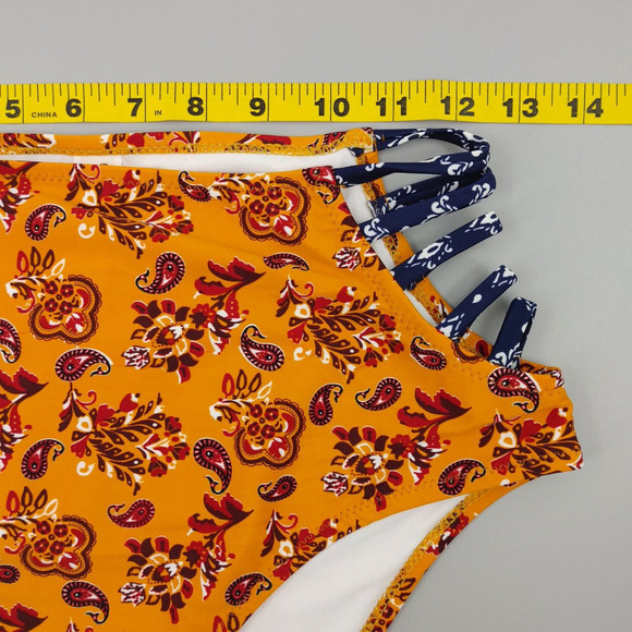 Womens Bikini Bottom Medium Orange Paisley High Waist Strappy Sides Boho Chic - Picture 8 of 9